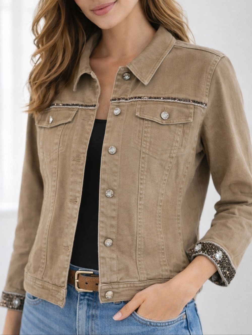 Simon Chang Embellished Denim Jacket Taupe Sequin Rhinestone Western Glam